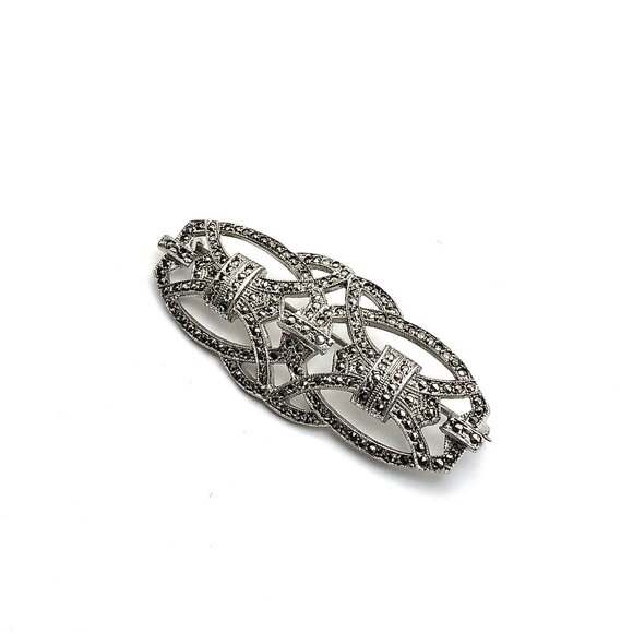 Brooch Sterling Silver Vintage Filigree Style Marcasite Stone Brooch Pin - Picture 2 of 5